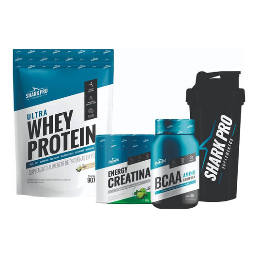 Kit Ultra Whey 907g + Creatina Energy 60g + BCAA 30 Tablets + Coqueteleira - Shark Pro