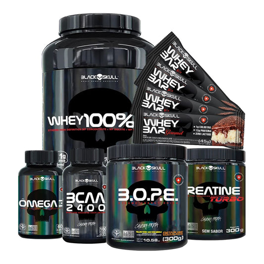 Kit Maromba Black Skull (Whey + Barra de Proteína + Ômega 3 + BCAA + Pré Treino + Creatina)